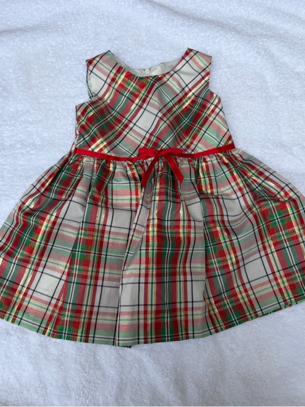 Girls Holiday Plaid Dress with Red Bow